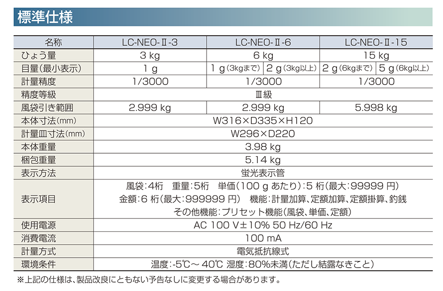 対面電子はかり　LC-NEOII(INS-100)【海外＋日本】 仕様書